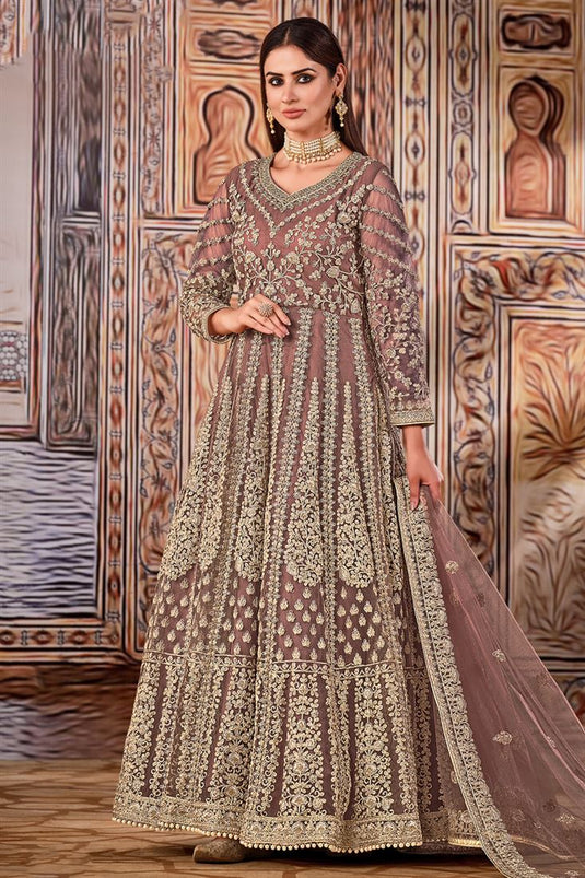Net Fabric Party Wear Peach Color Embroidered Anarkali Salwar Suit