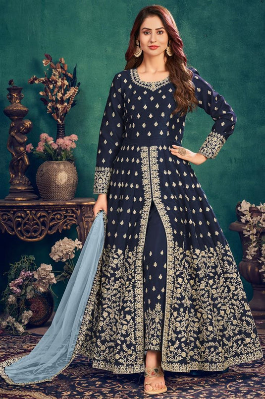 Art Silk Fabric Function Wear Navy Blue Color Embroidered Anarkali Suit