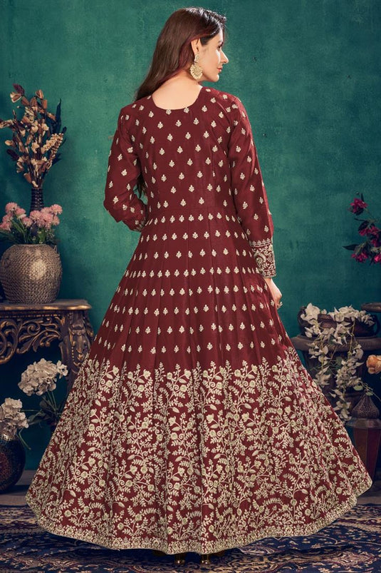 Maroon Color Art Silk Fabric Festive Wear Embroidered Anarkali Suit