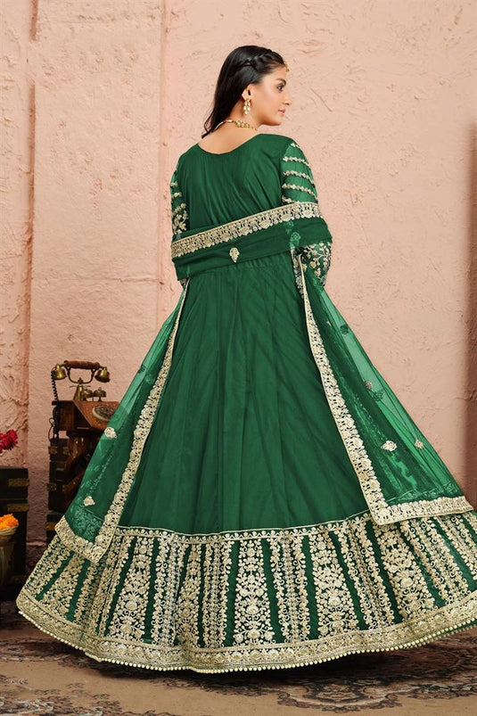 Dark Green Color Function Wear Embroidered Net Fabric Designer Anarkali Suit