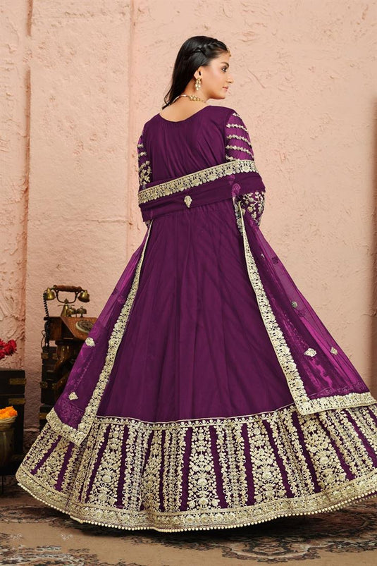 Purple Color Festive Wear Embroidered Net Fabric Designer Anarkali Suit