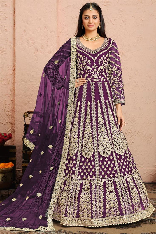 Purple Color Festive Wear Embroidered Net Fabric Designer Anarkali Suit