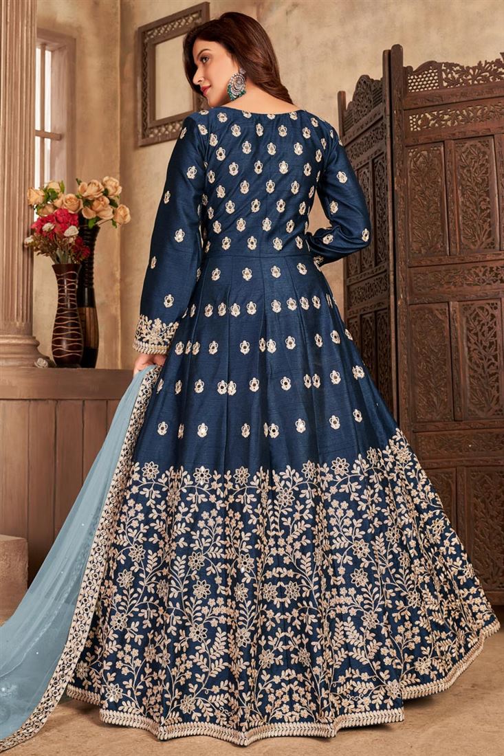 Dark Blue Printed Anarkali Suit in Art Silk with Dupatta