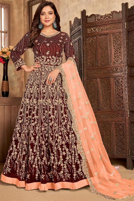 Maroon Color Velvet Fabric Function Wear Embroidered Attractive Anarkali Suit