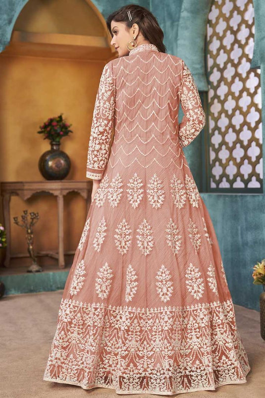 Function Wear Net Fabric Embroidered Work Peach Color Wonderful Anarkali Suit