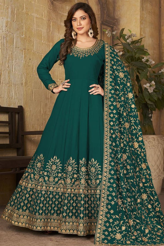 Dark Green Color Georgette Fabric Imposing Anarkali Suit With Embroidered Work