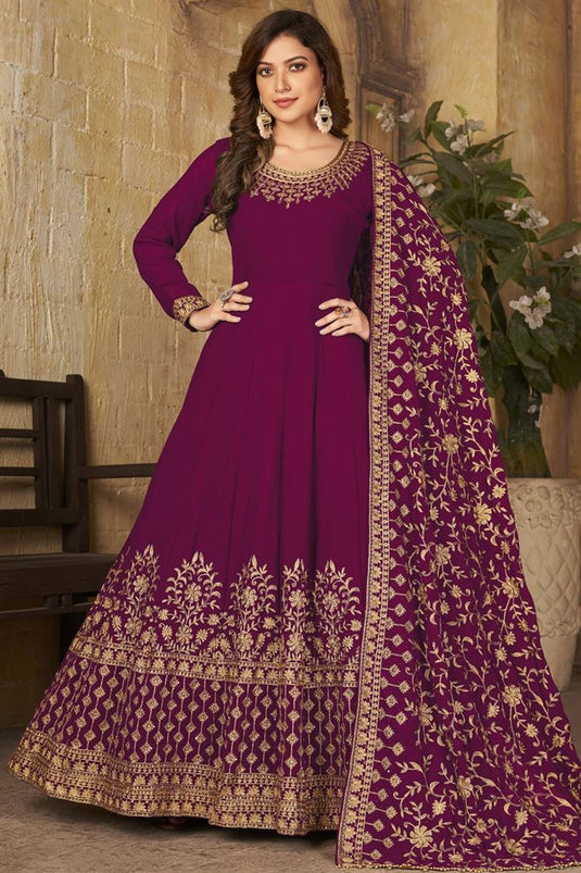 Excellent Georgette Fabric Burgundy Color Anarkali Suit With Embroidered Designs