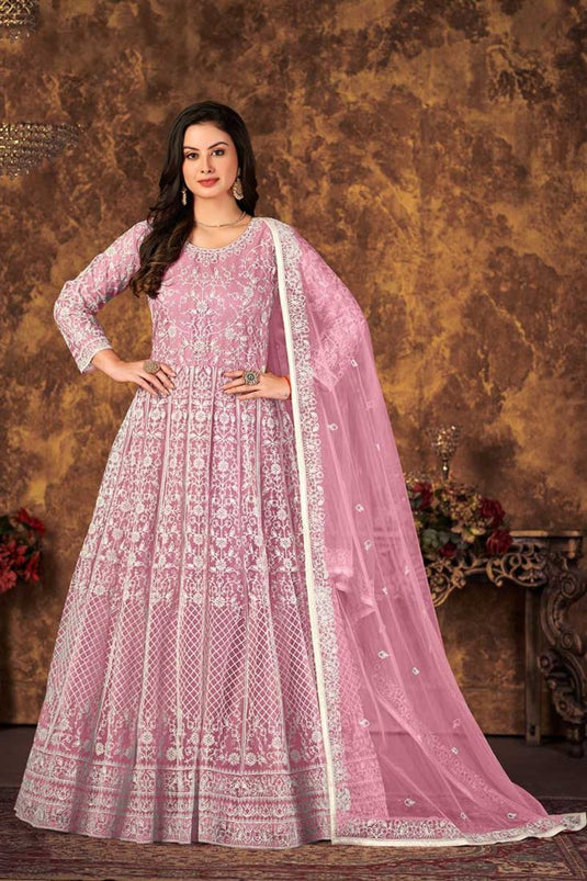 Incredible Net Fabric Pink Color Function Wear Anarkali Suit