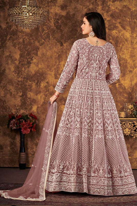 Engaging Lavender Color Net Fabric Function Wear Anarkali Suit