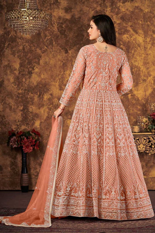 Classic Peach Color Function Wear Anarkali Suit In Net Fabric