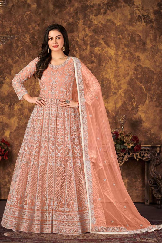 Classic Peach Color Function Wear Anarkali Suit In Net Fabric