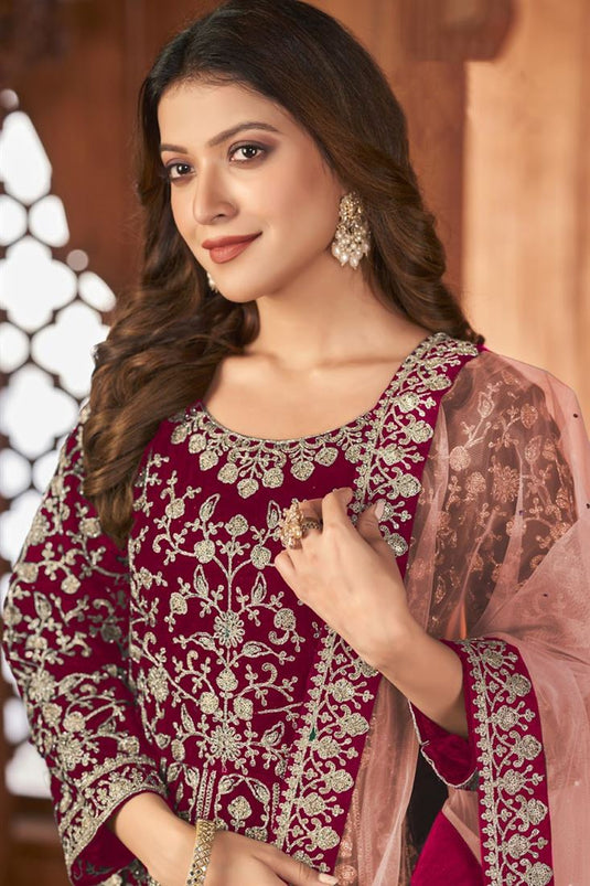 Marvellous Function Wear Velvet Fabric Anarkali Suit In Red Color