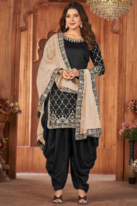 Black Color Tempting Festive Look Patiala Suits In Art Silk Fabric