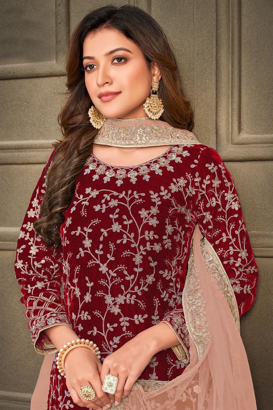 Mesmeric Velvet Fabric Function Wear Palazzo Suit In Maroon Color