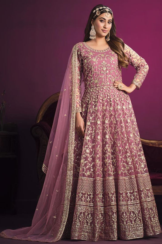 Classic Pink Color Embroidered Anarkali Suit In Net Fabric