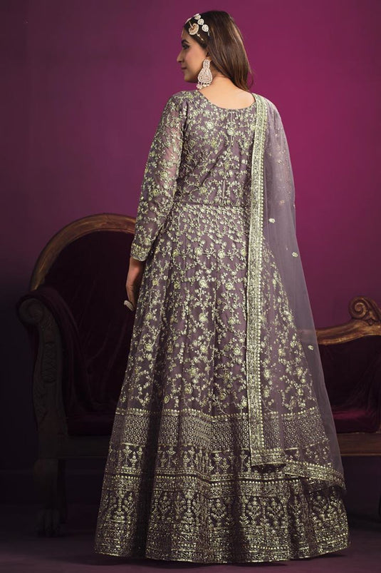 Creative Embroidered Net Fabric Anarkali Suit In Lavender Color