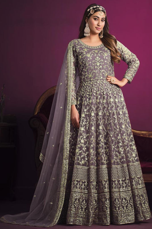 Creative Embroidered Net Fabric Anarkali Suit In Lavender Color
