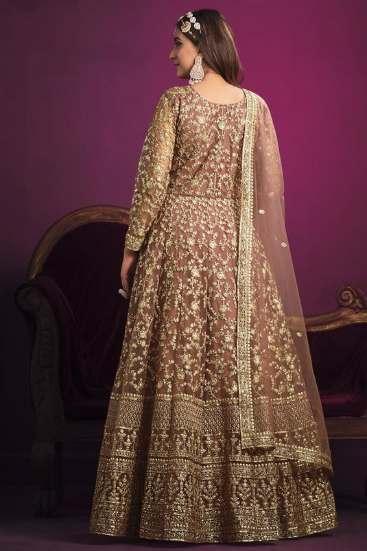 Incredible Net Fabric Peach Color Embroidered Anarkali Suit