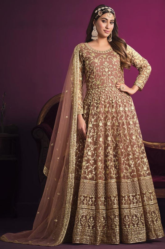 Incredible Net Fabric Peach Color Embroidered Anarkali Suit