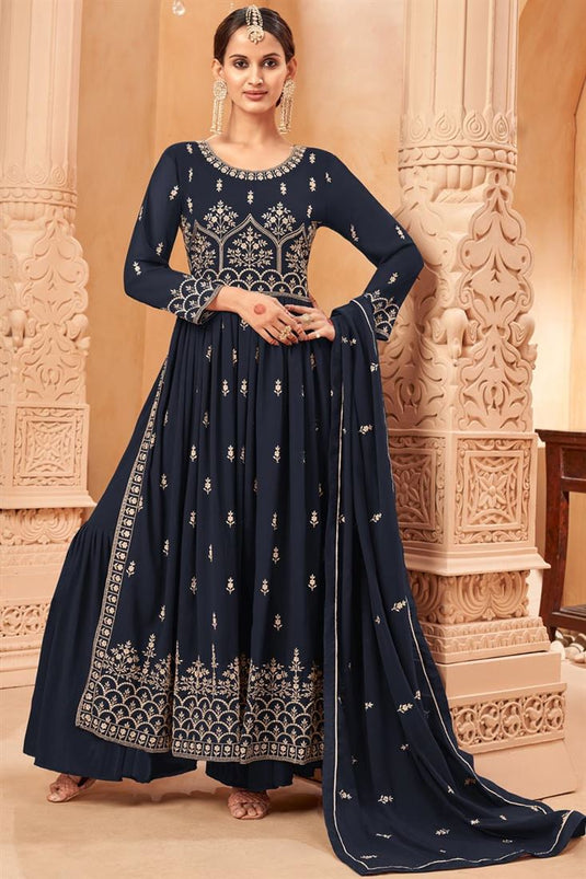 Navy Blue Color Georgette Ravishing Palazzo Suit For Function