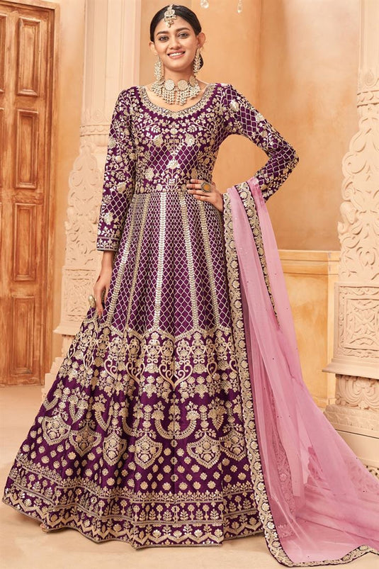 Fascinating Purple Color Art Silk Anarkali Suit
