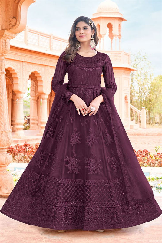 Charming Purple Color Net Fabric Embroidered Anarkali Suit