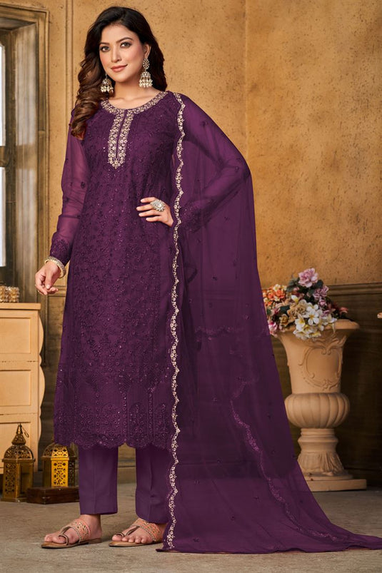 Festive Look Classic Net Fabric Salwar Suit In Purple Color