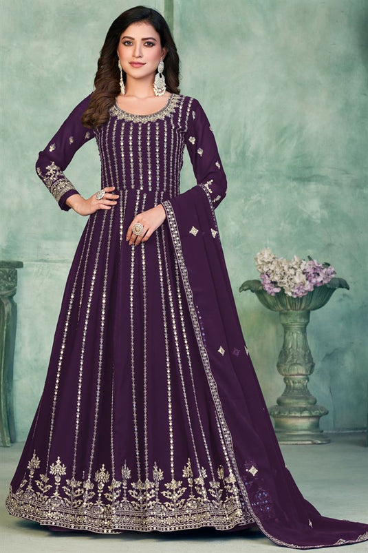 Georgette Fabric Purple Color Festive Wear Embroidered Anarkali Salwar Kameez