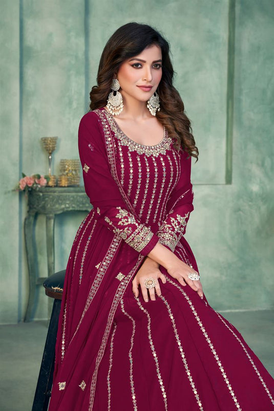Sangeet Wear Embroidered Anarkali Salwar Kameez In Georgette Fabric Rani Color