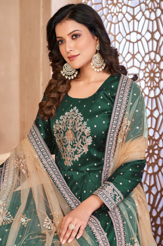 Fancy Fabric Embroidered Function Wear Anarkali Salwar Suit In Dark Green Color