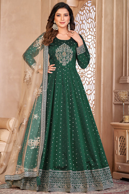 Fancy Fabric Embroidered Function Wear Anarkali Salwar Suit In Dark Green Color
