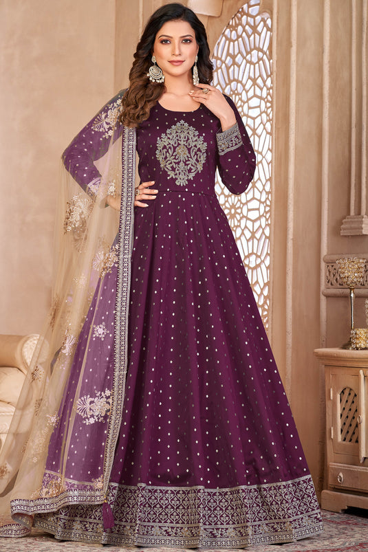 Purple Color Festive Wear Embroidered Anarkali Salwar Kameez In Fancy Fabric