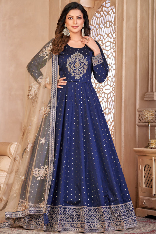 Party Wear Navy Blue Color Embroidered Anarkali Salwar Suit In Fancy Fabric