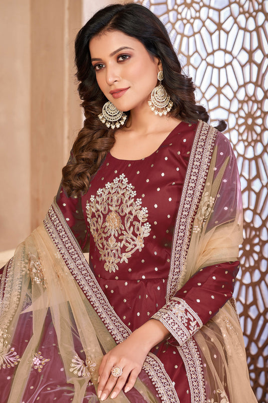 Embroidered Sangeet Wear Anarkali Salwar Kameez In Fancy Fabric Maroon Color
