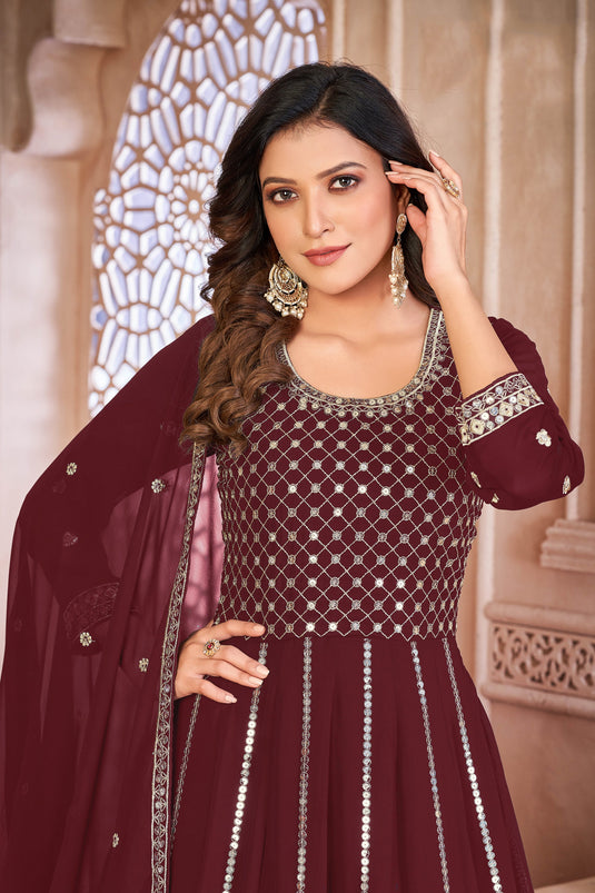 Buy Maroon Velvet Embroidered Anarkali Suit with Skirt Online - LSTV03691 |  Andaaz Fashion