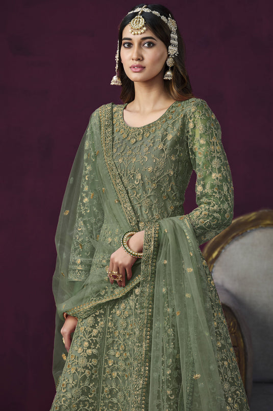 Net Fabric Embroidered Function Wear Stylish Anarkali Salwar Kameez In Sea Green Color