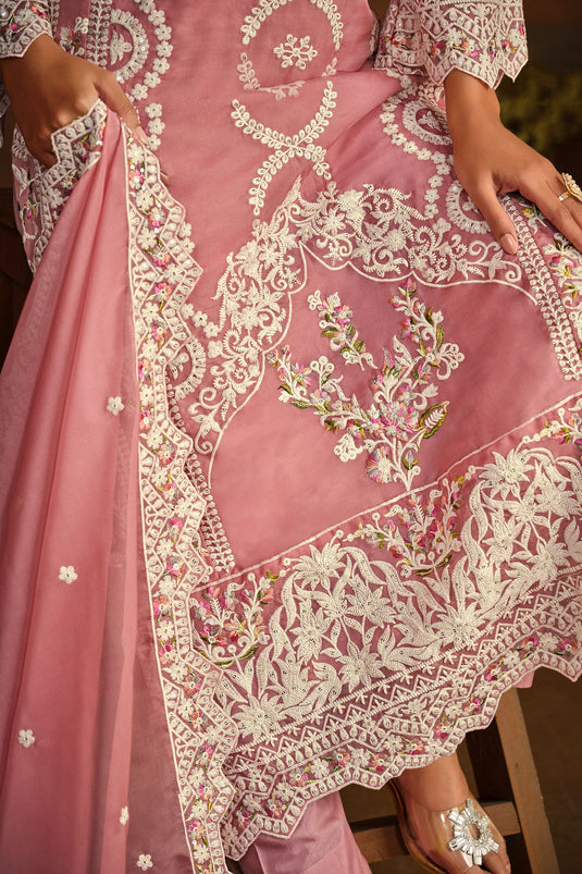 Organza Fabric Embroidered Straight Cut Salwar Kameez In Pink Color