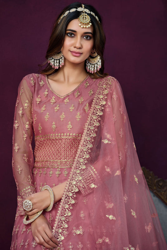 Net Fabric Fancy Embroidered Long Anarkali Salwar Kameez In Pink Color