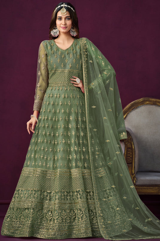 Sea Green Color Embroidered Long Anarkali Salwar Suit In Net Fabric