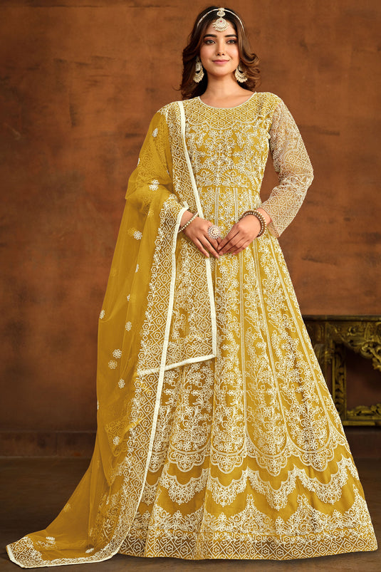 Net Fabric Fancy Embroidered Festive Wear Anarkali Salwar Kameez In Yellow Color