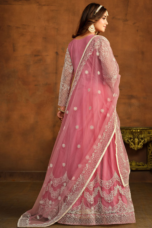 Embroidered Festive Wear Anarkali Dress In Net Fabric Pink Color