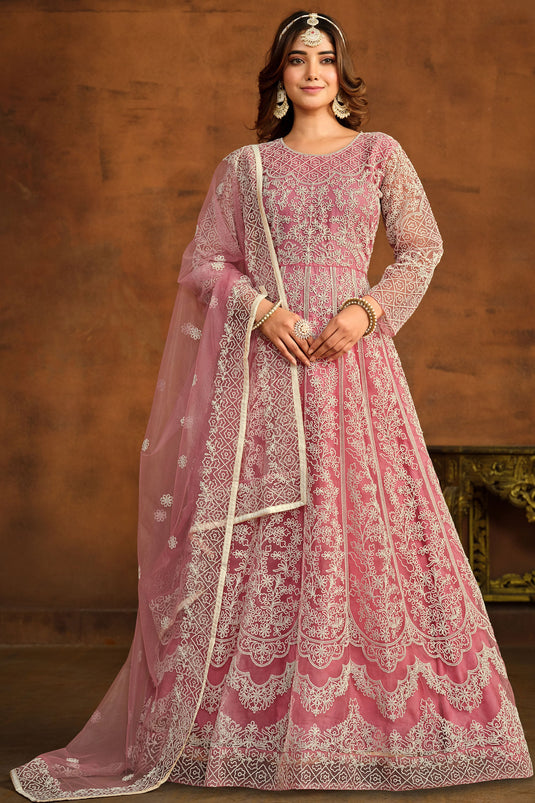 Embroidered Festive Wear Anarkali Dress In Net Fabric Pink Color
