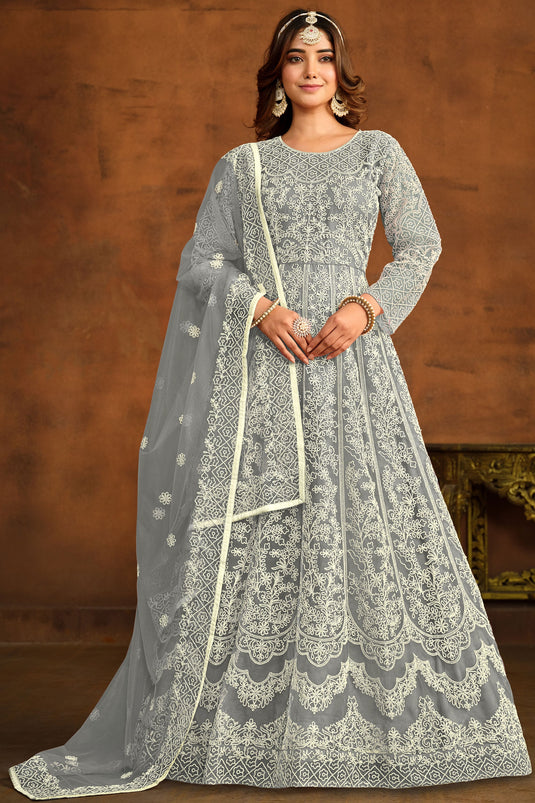 Grey Color Festive Wear Embroidered Anarkali Salwar Kameez In Net Fabric