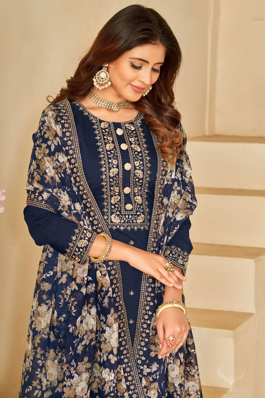 Festive Wear Navy Blue Color Embroidered Designer Straight Cut Suit In Art Silk Fabric