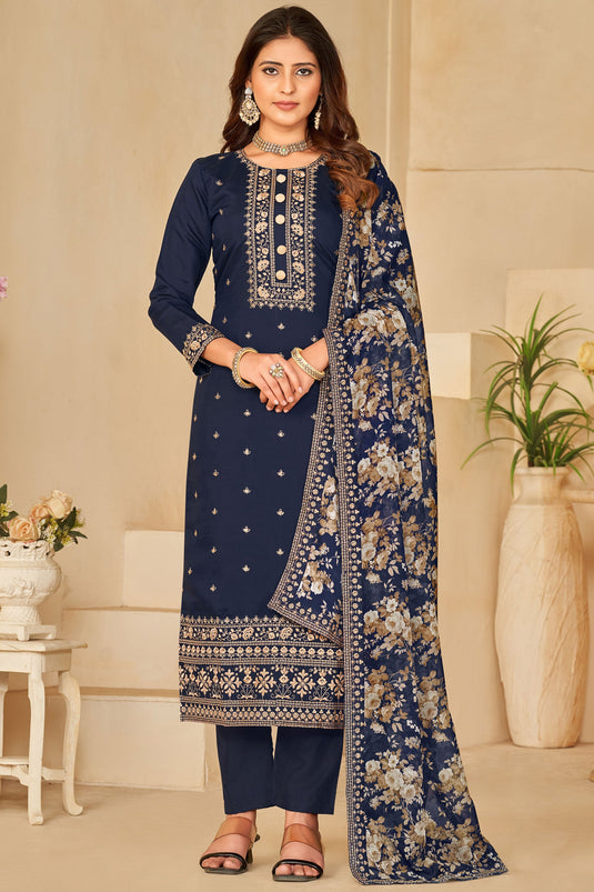 Festive Wear Navy Blue Color Embroidered Designer Straight Cut Suit In Art Silk Fabric