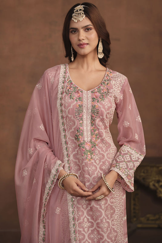 Pink Color Organza Fabric Trendy Festive Wear Salwar Suit With Embroidered Work