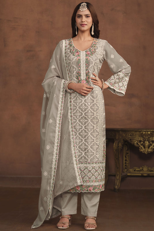 Organza Fabric Grey Color Attractive Festive Wear Salwar Suit With Embroidered Work