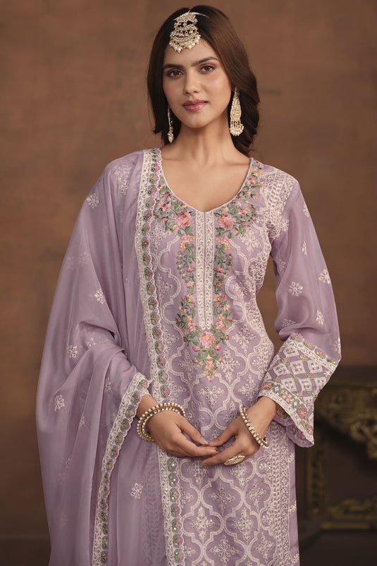 Organza Fabric Lavender Color Glamorous Festive Wear Embroidered Work Salwar Suit