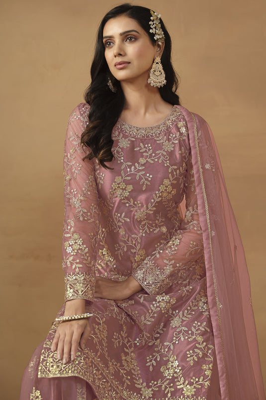 Dazzling Net Fabric Pink Color Embroidered Palazzo Suit