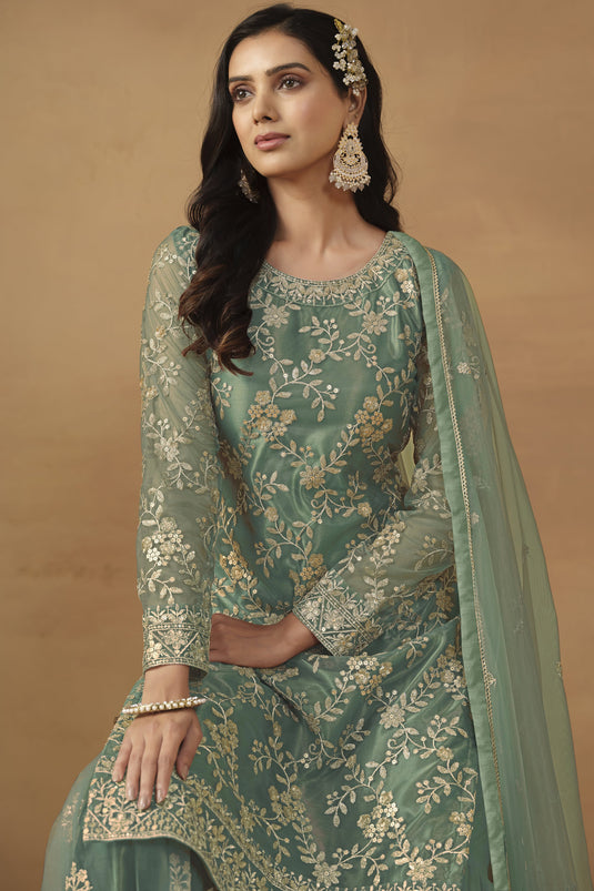 Radiant Sea Green Color Net Fabric Embroidered Palazzo Suit